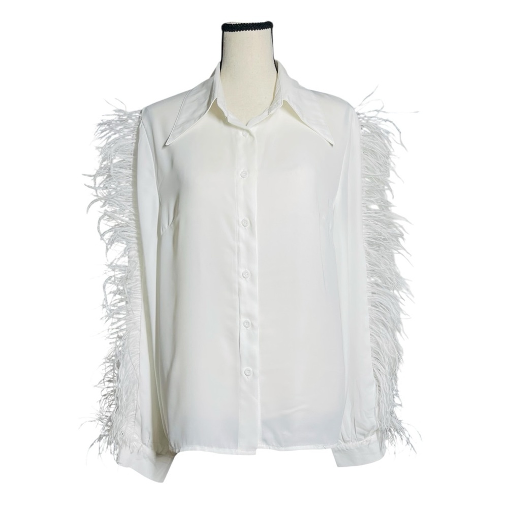 M2 Squared Blouse Elegant White Feather-Trimmed Women's Top